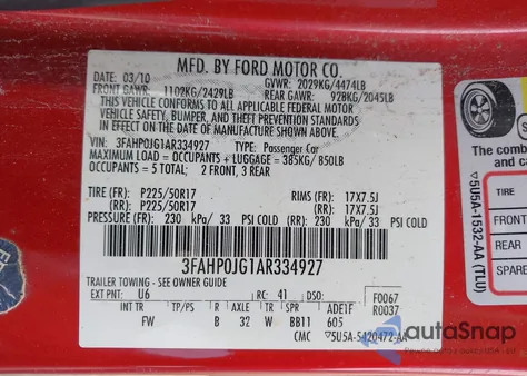 2010 Ford Fusion Sel z USA, uszkodzony, nr VIN 3FAHP0JG1AR334927